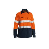SHIRT BISLEY HI-VIS DRILL COOL LIGHT WEIGHT LONG SLEEVE 3M TAPED ORANGE NAVY 155GSM – AUSTRALIA front
