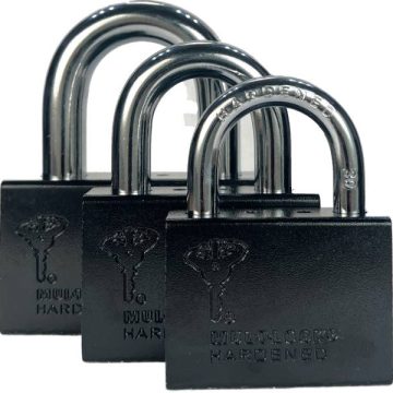 High-security Mul-T-Lock C-Series padlock with hardened steel body and boron alloy shackle.