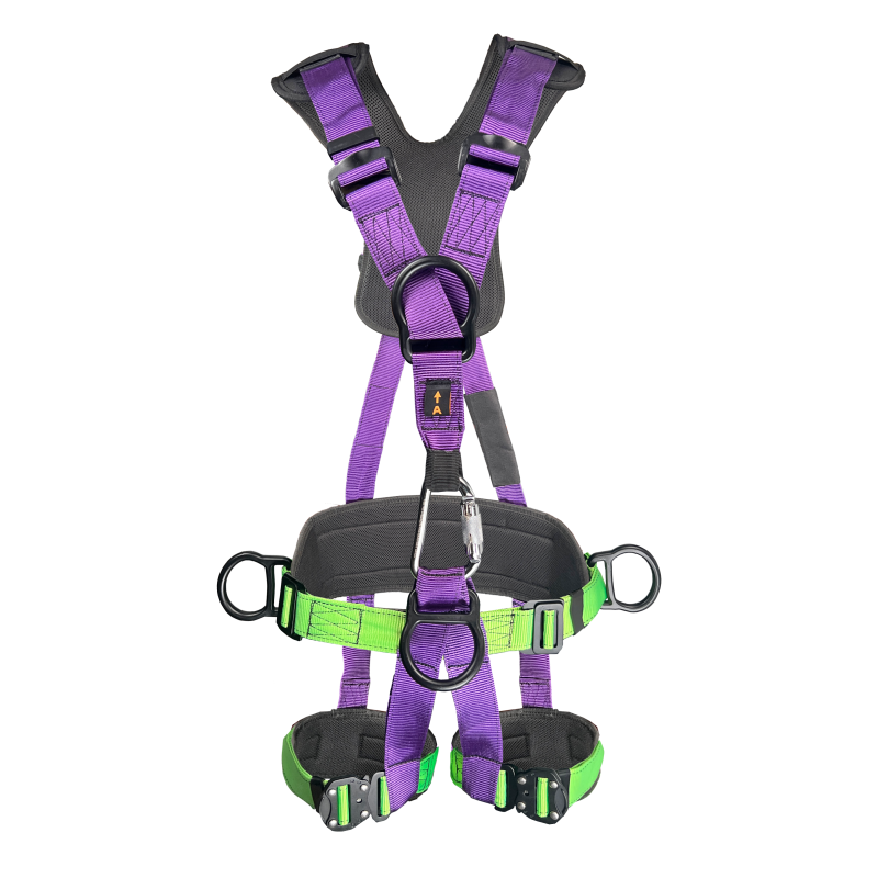 Clyma PRO universal-size full body safety harness featuring luminous polyester webbing, dorsal and sternal D-rings, lateral support, and quick-connect buckles.