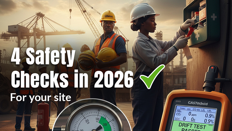 four site safety checks: hard hat inspection, fire extinguisher pressure check, first aid kit expiry review, and gas detector calibration test.