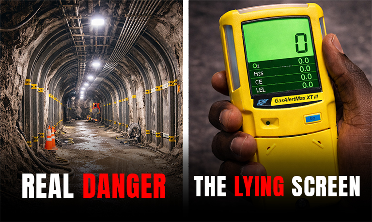 A photo of a hazardous environment. a dusty mine entrance, A close-up photo of a hand holding a gas monitor. The monitor screen is bright green and shows a big, bold "0"