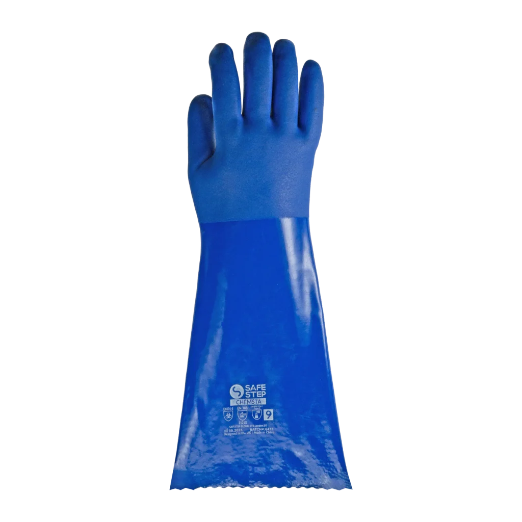 CHEMSTA gloves offer durable PVC chemical resistance with comfort-focused design, extended cuff protection, and enhanced grip for safe handling in wet environments. Compliant with EN 388, ISO 374-1 Type C, and EN 374-5 standards.