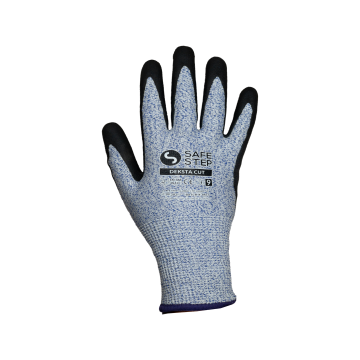 Deksta CUT HPPE cut-resistant safety gloves with nitrile-coated palm for enhanced grip and industrial hand protection.