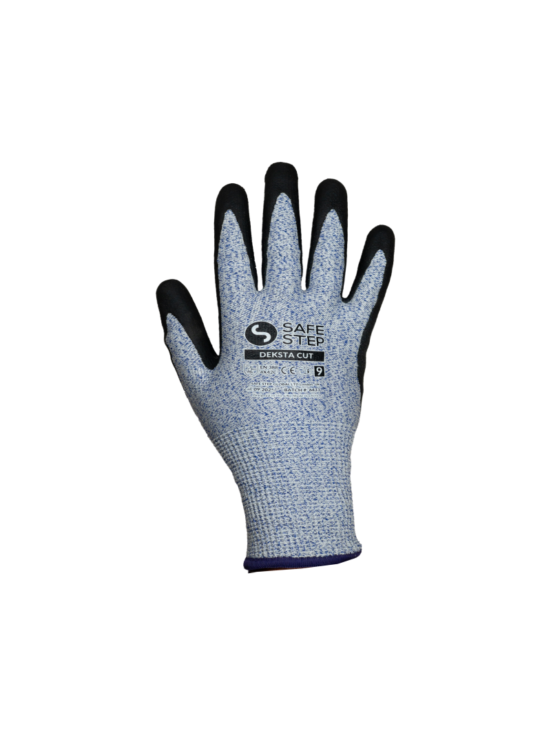 Deksta CUT HPPE cut-resistant safety gloves with nitrile-coated palm for enhanced grip and industrial hand protection.