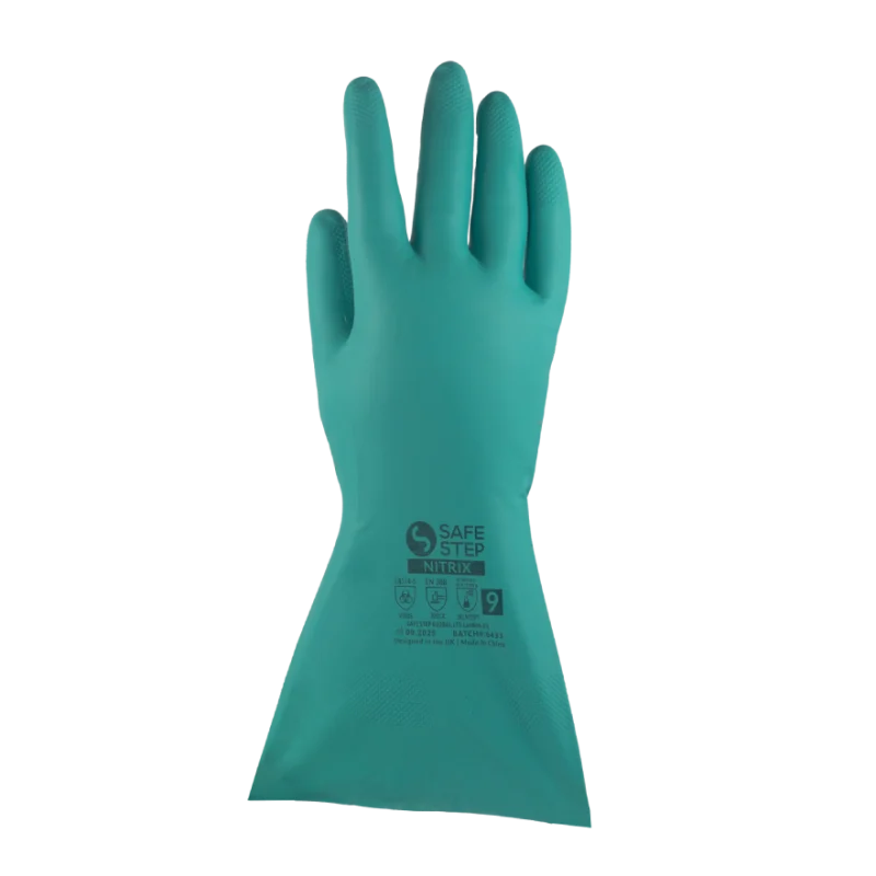 NITRIX nitrile chemical-resistant safety gloves with anti-slip grip and extended gauntlet cuff for industrial protection.