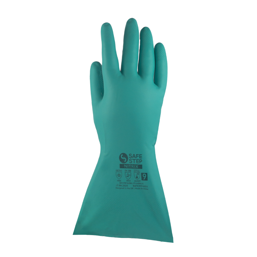 NITRIX nitrile chemical-resistant safety gloves with anti-slip grip and extended gauntlet cuff for industrial protection.